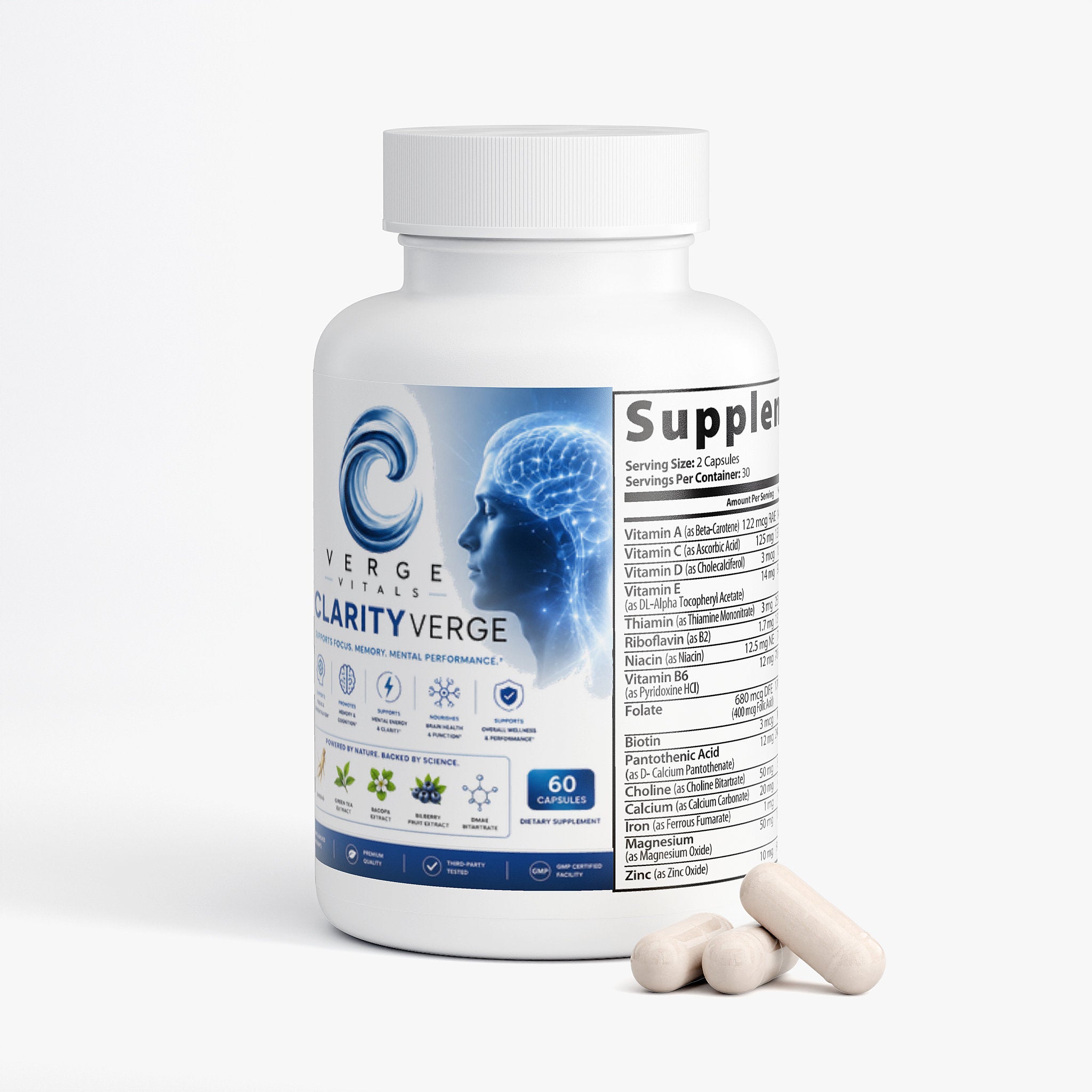 ClarityVerge  Brain & Focus Formula — Mental Clarity, Focus, Memory & Cognitive Support | Nootropic Brain Wellness Supplement | Vitamins, Botanicals & Amino Acids | 60 Capsules