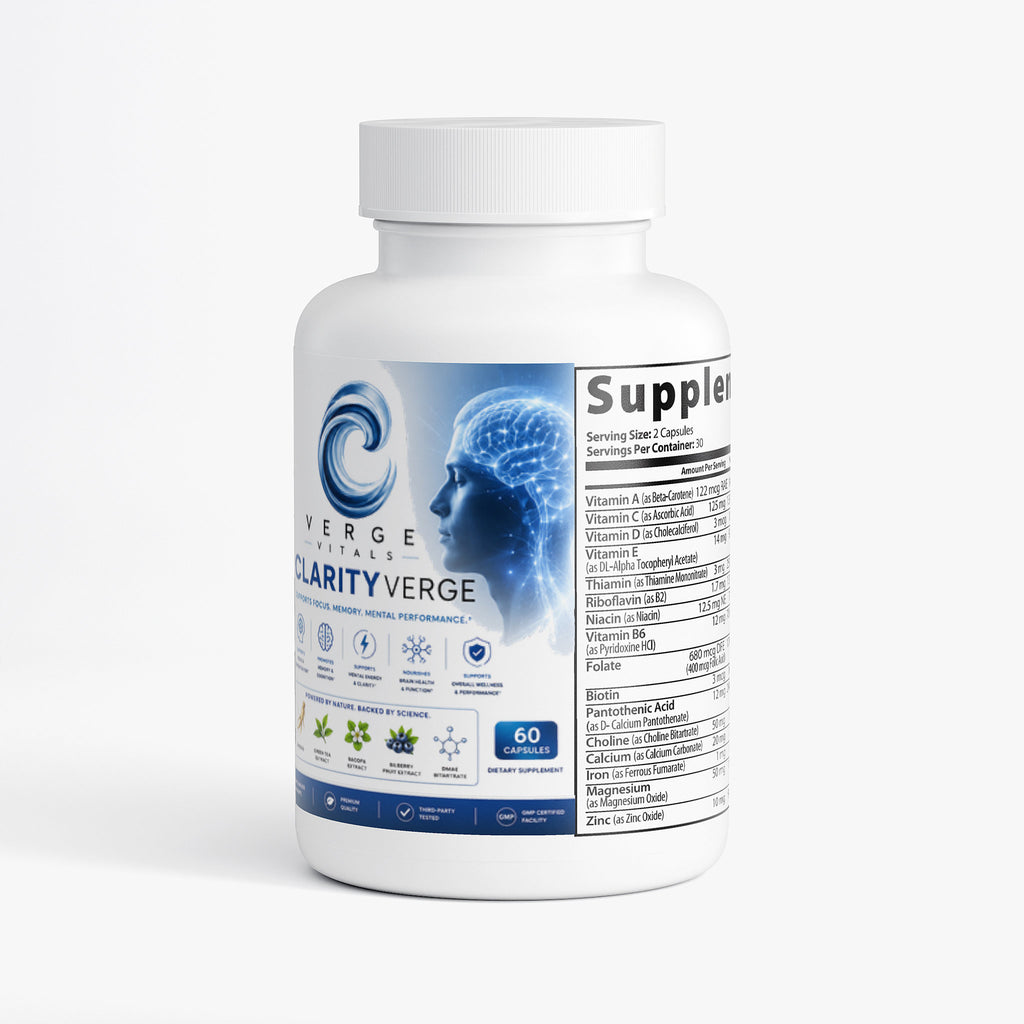 ClarityVerge  Brain & Focus Formula — Mental Clarity, Focus, Memory & Cognitive Support | Nootropic Brain Wellness Supplement | Vitamins, Botanicals & Amino Acids | 60 Capsules
