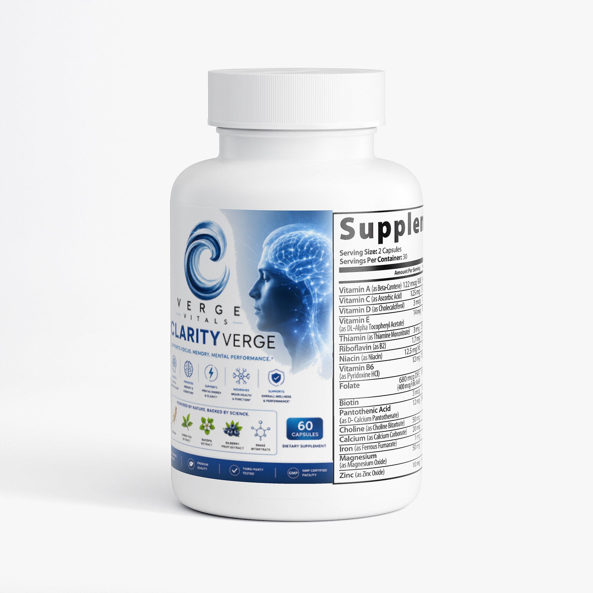 ClarityVerge  Brain & Focus Formula — Mental Clarity, Focus, Memory & Cognitive Support | Nootropic Brain Wellness Supplement | Vitamins, Botanicals & Amino Acids | 60 Capsules
