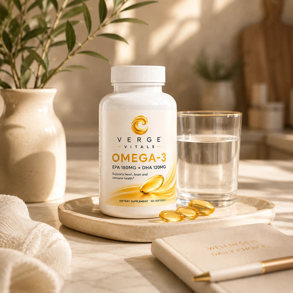 Verge Vitals Omega-3 FA Fish Oil Softgels – EPA 180mg + DHA 120mg – Heart, Brain & Vision Wellness Support – 100 Softgels