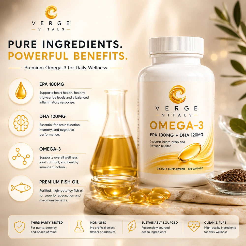 Verge Vitals Omega-3 FA Fish Oil Softgels – EPA 180mg + DHA 120mg – Heart, Brain & Vision Wellness Support – 100 Softgels