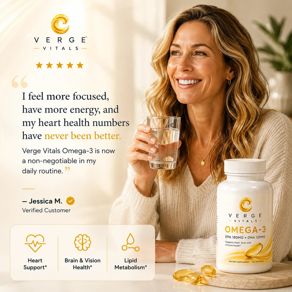 Verge Vitals Omega-3 FA Fish Oil Softgels – EPA 180mg + DHA 120mg – Heart, Brain & Vision Wellness Support – 100 Softgels