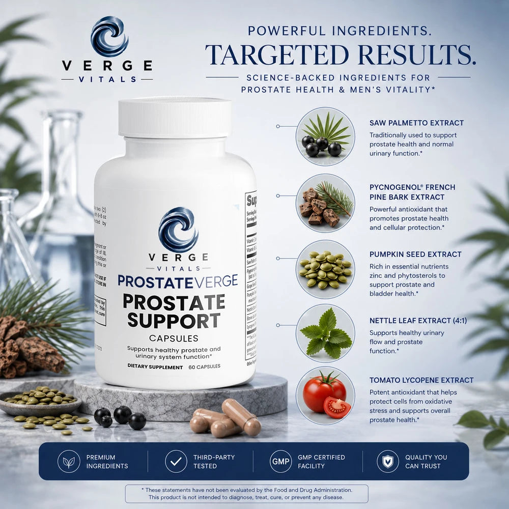 ProstateVerge - Prostate Health Support Supplement | Saw Palmetto, Pygeum, Pumpkin Seed & Lycopene | Men's Urinary Wellness & Daily Prostate Support | Verge Vitals