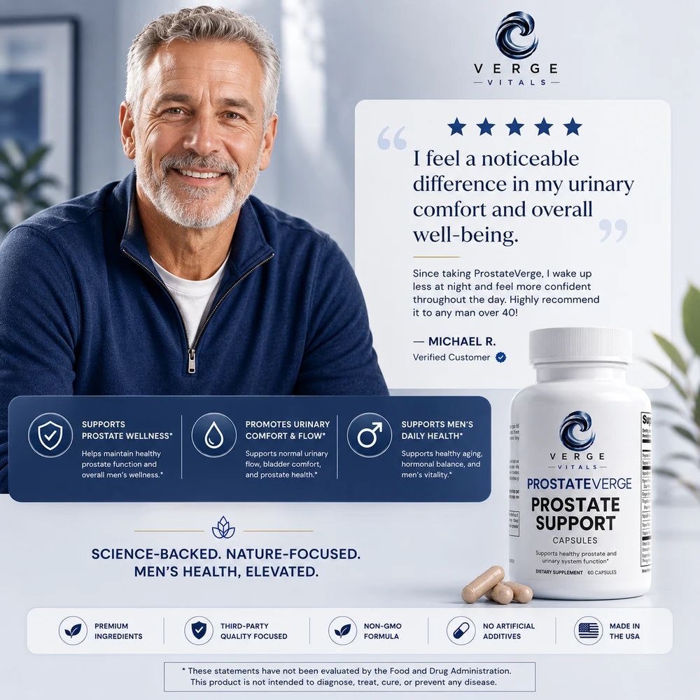 ProstateVerge - Prostate Health Support Supplement | Saw Palmetto, Pygeum, Pumpkin Seed & Lycopene | Men's Urinary Wellness & Daily Prostate Support | Verge Vitals