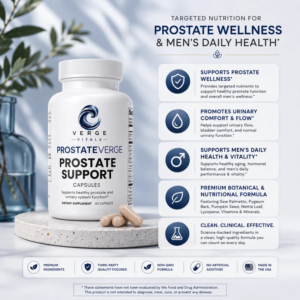 ProstateVerge - Prostate Health Support Supplement | Saw Palmetto, Pygeum, Pumpkin Seed & Lycopene | Men's Urinary Wellness & Daily Prostate Support | Verge Vitals