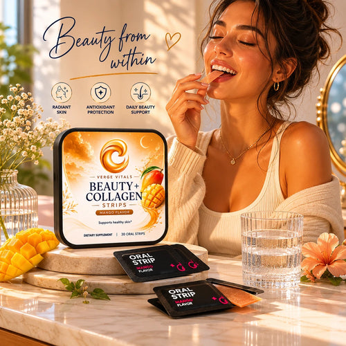 BellaVerge Beauty + Collagen Strips – Mango Dissolvable Oral Beauty Strips with Collagen Peptides & Vitamin E for Skin, Hair & Nail Support – 30 Strips