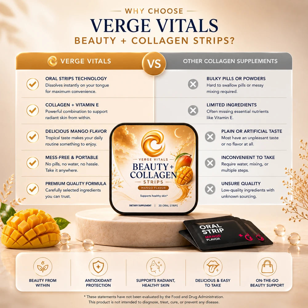 BellaVerge Beauty + Collagen Strips – Mango Dissolvable Oral Beauty Strips with Collagen Peptides & Vitamin E for Skin, Hair & Nail Support – 30 Strips