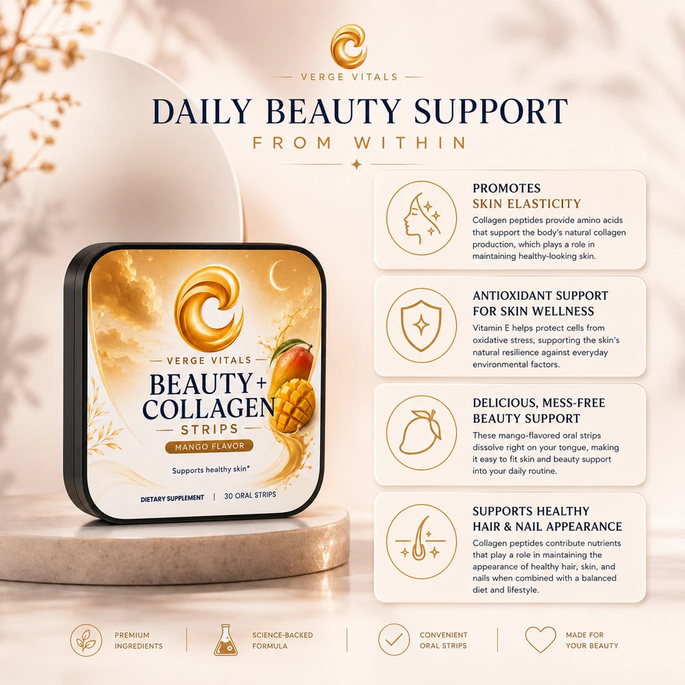 BellaVerge Beauty + Collagen Strips – Mango Dissolvable Oral Beauty Strips with Collagen Peptides & Vitamin E for Skin, Hair & Nail Support – 30 Strips