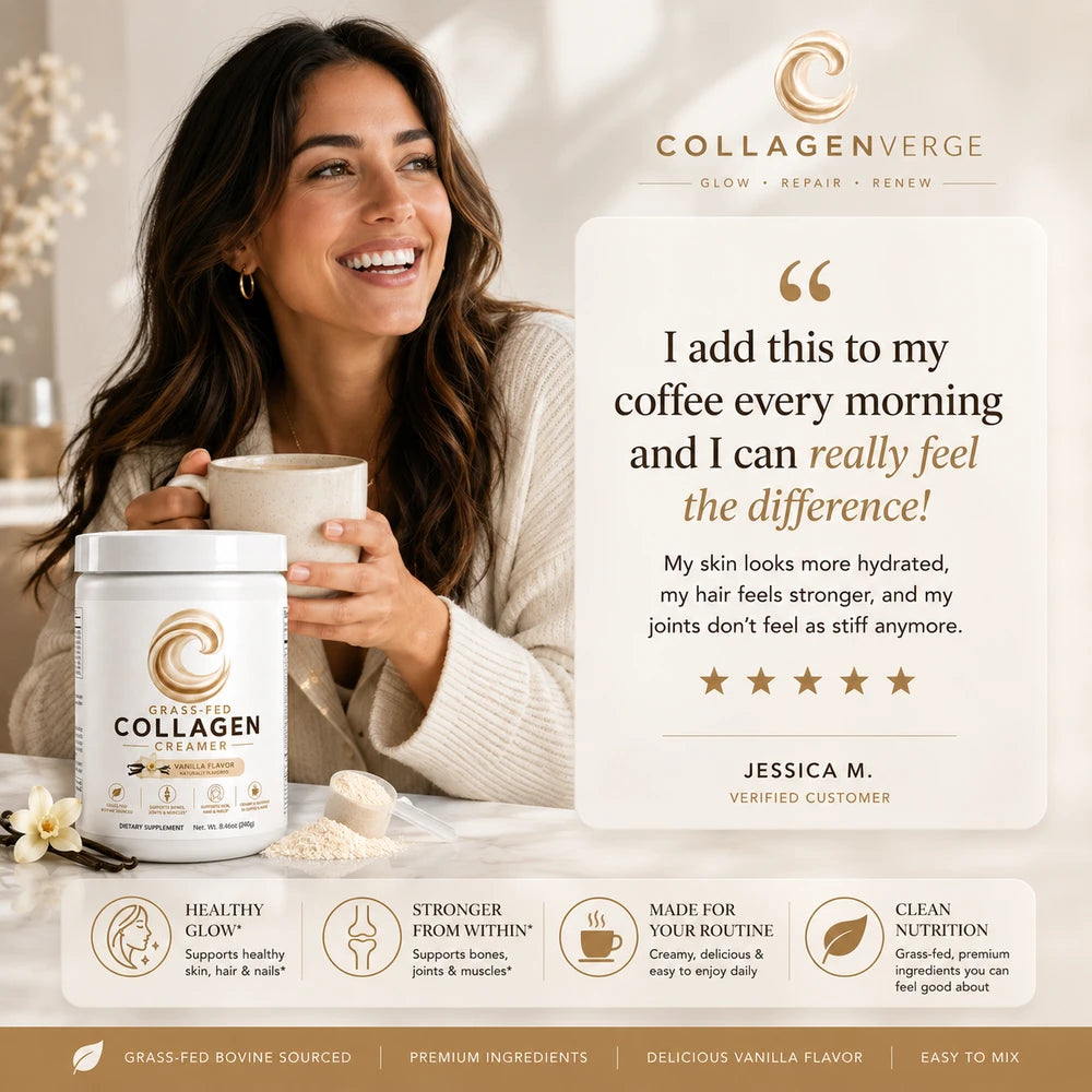 CollagenVerge Grass-Fed Collagen Creamer Vanilla – Collagen Peptides, MCT Oil & Pea Protein Coffee Creamer for Skin, Hair, Nails, Bones & Joint Support – 240g