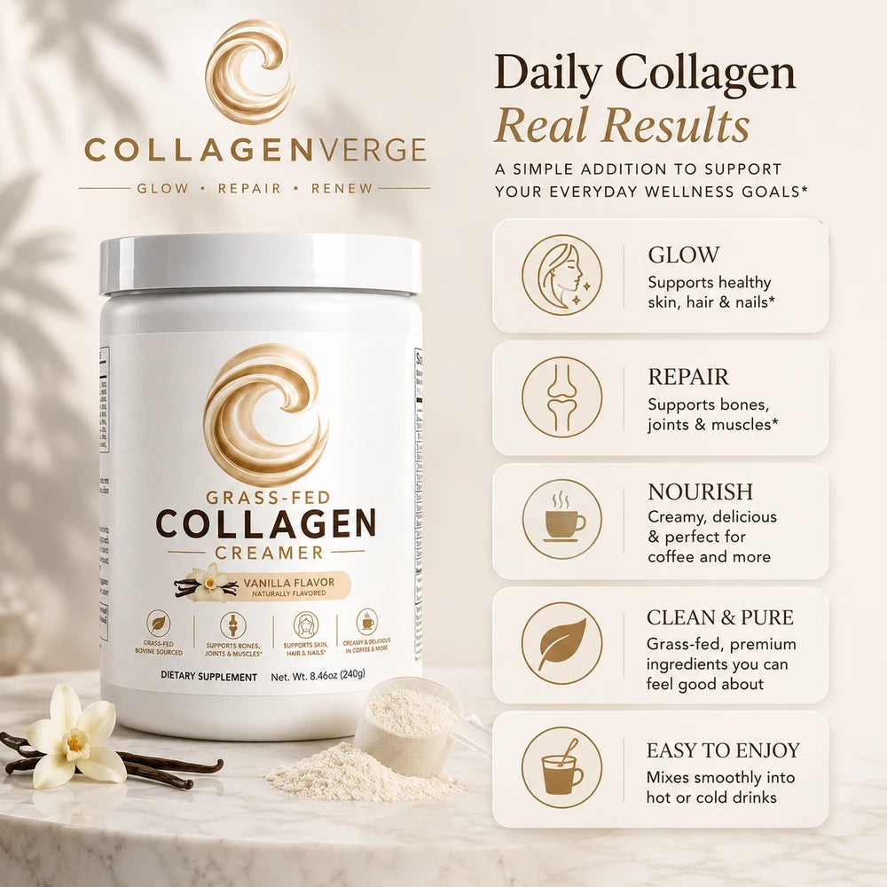 CollagenVerge Grass-Fed Collagen Creamer Vanilla – Collagen Peptides, MCT Oil & Pea Protein Coffee Creamer for Skin, Hair, Nails, Bones & Joint Support – 240g
