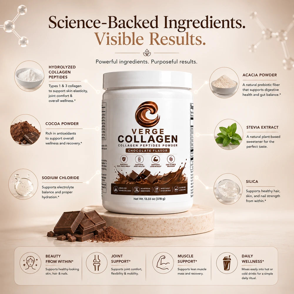 CollagenVerge Grass-Fed Chocolate Flavored Collagen Peptides Powder – Types 1 & 3 Collagen Protein for Skin, Hair, Nails, Bones & Joint Support – Chocolate Collagen Drink Mix – 378g