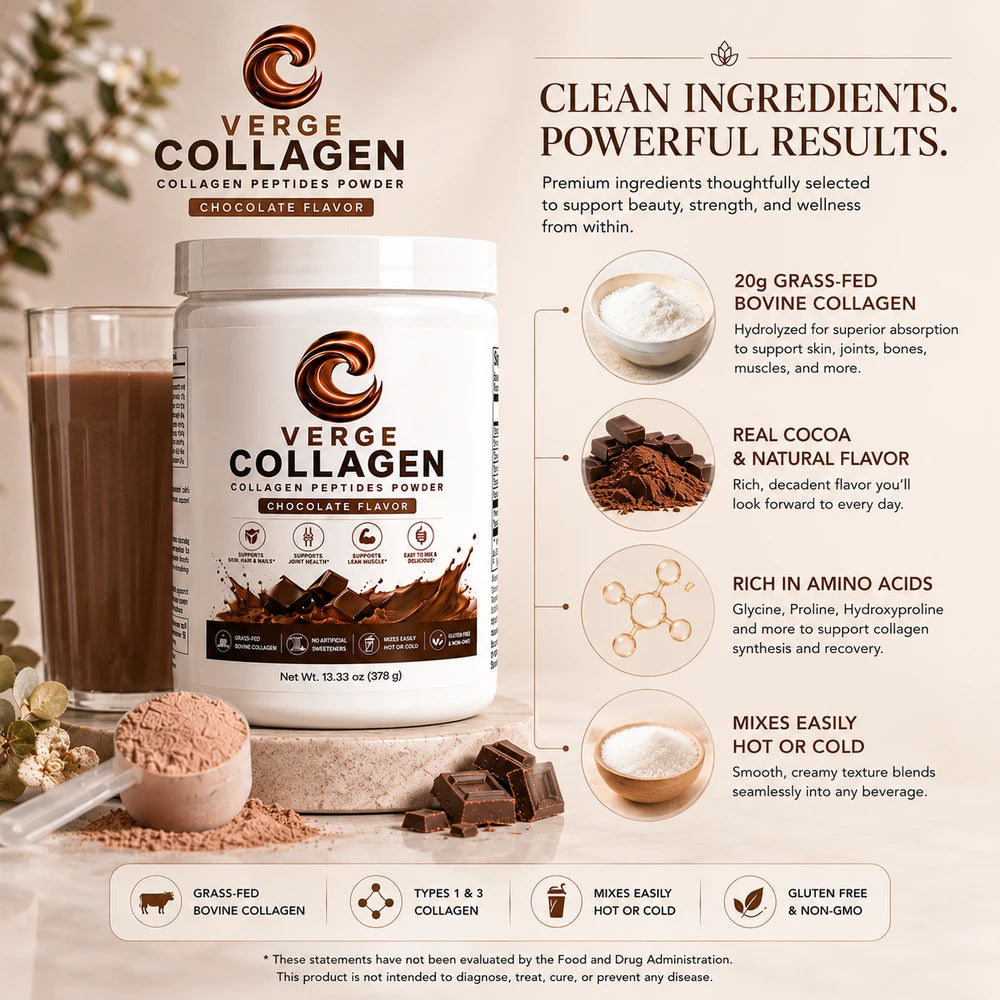CollagenVerge Grass-Fed Chocolate Flavored Collagen Peptides Powder – Types 1 & 3 Collagen Protein for Skin, Hair, Nails, Bones & Joint Support – Chocolate Collagen Drink Mix – 378g