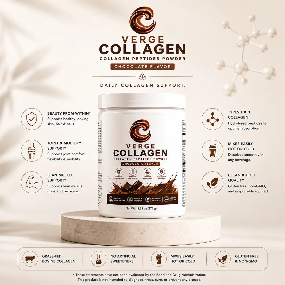 CollagenVerge Grass-Fed Chocolate Flavored Collagen Peptides Powder – Types 1 & 3 Collagen Protein for Skin, Hair, Nails, Bones & Joint Support – Chocolate Collagen Drink Mix – 378g