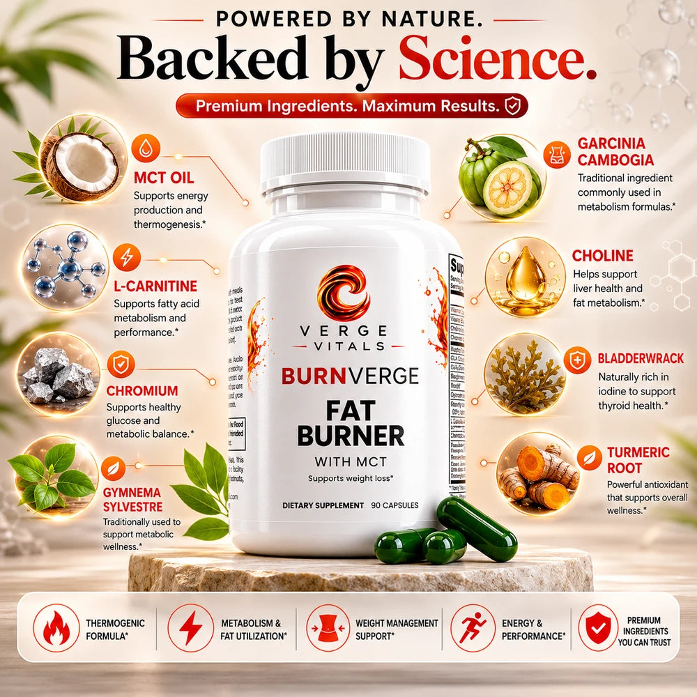 BurnVerge Fat Burner with MCT — Metabolism, Energy & Weight Management Support | L-Carnitine, Chromium & Garcinia Formula