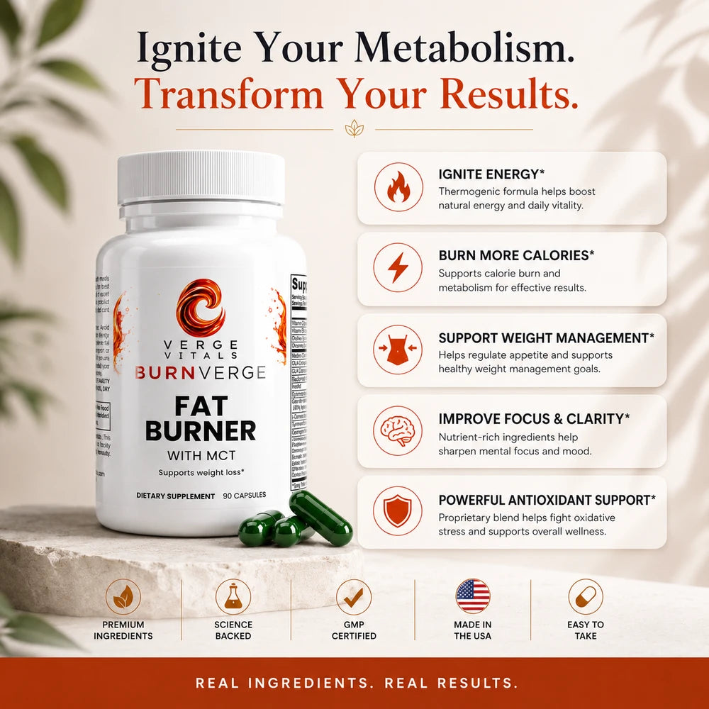 BurnVerge Fat Burner with MCT — Metabolism, Energy & Weight Management Support | L-Carnitine, Chromium & Garcinia Formula