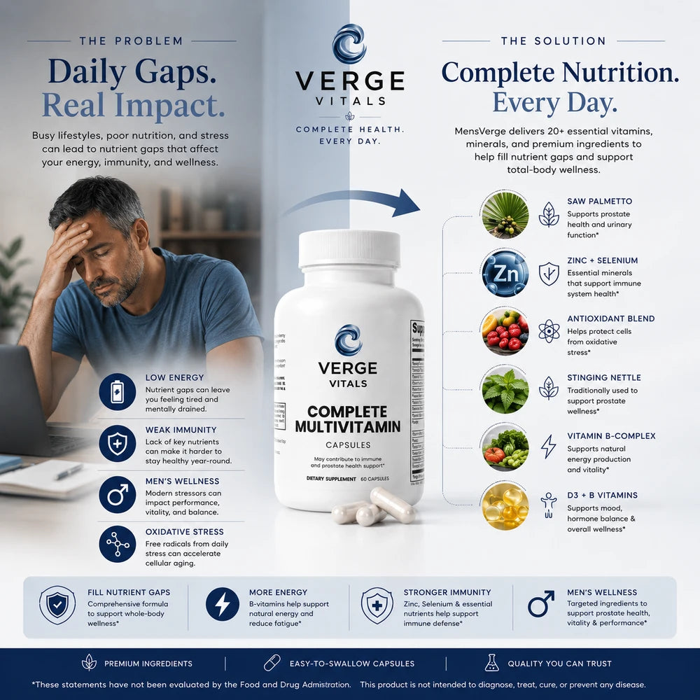 MensVerge Complete Men's Multivitamin — Daily Men's Wellness, Energy, Immune & Prostate Support Formula | Vitamins, Minerals, Antioxidants & Herbal Blend | 60 Capsules