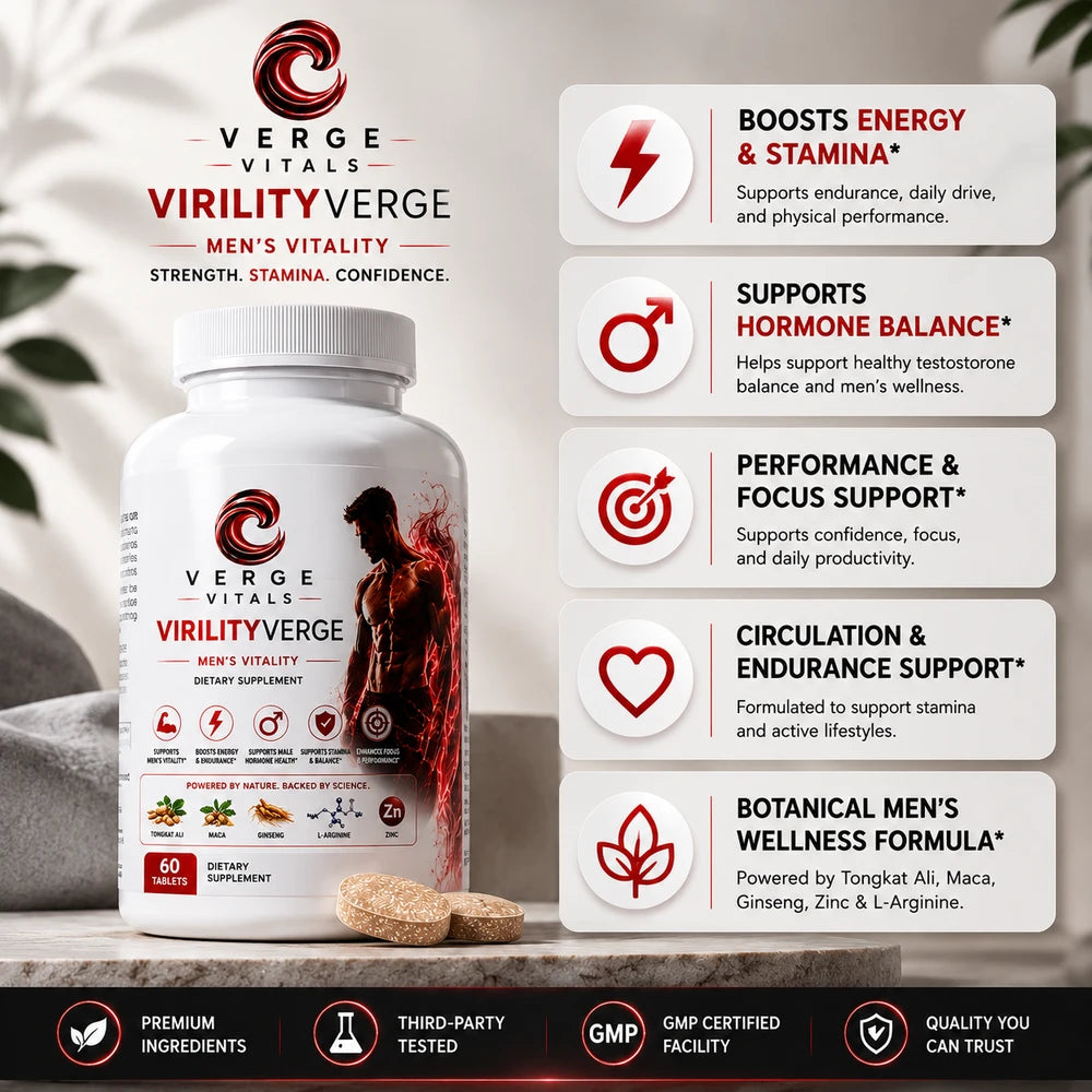 VirilityVerge Men's Vitality Tablets — Energy, Stamina, Performance & Hormone Support Formula | Tongkat Ali, Maca, Zinc & L-Arginine