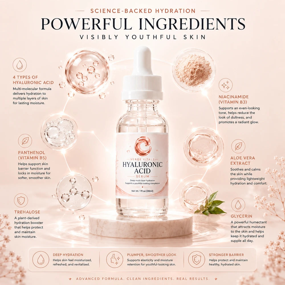 BellaVerge Hyaluronic Acid Serum – 4-Type Hyaluronic Acid Deep Hydration Serum for Plumper, Smoother & More Radiant Skin – 1 oz