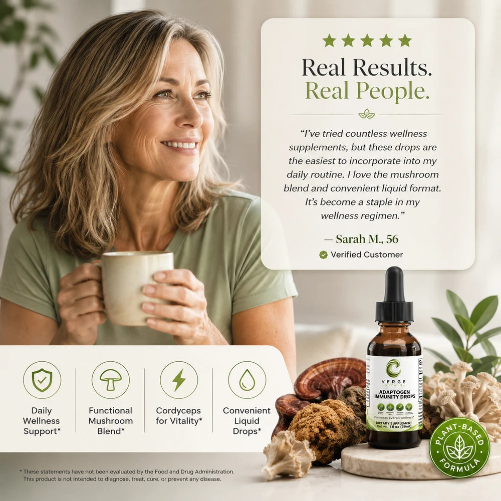 ImmuneVerge Adaptogen Immunity Drops | Functional Mushroom Wellness Blend with Chaga, Reishi, Cordyceps & Turkey Tail | 1 oz Liquid Drops