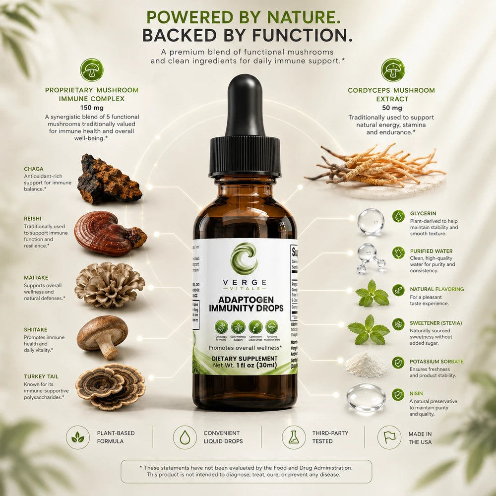 ImmuneVerge Adaptogen Immunity Drops | Functional Mushroom Wellness Blend with Chaga, Reishi, Cordyceps & Turkey Tail | 1 oz Liquid Drops