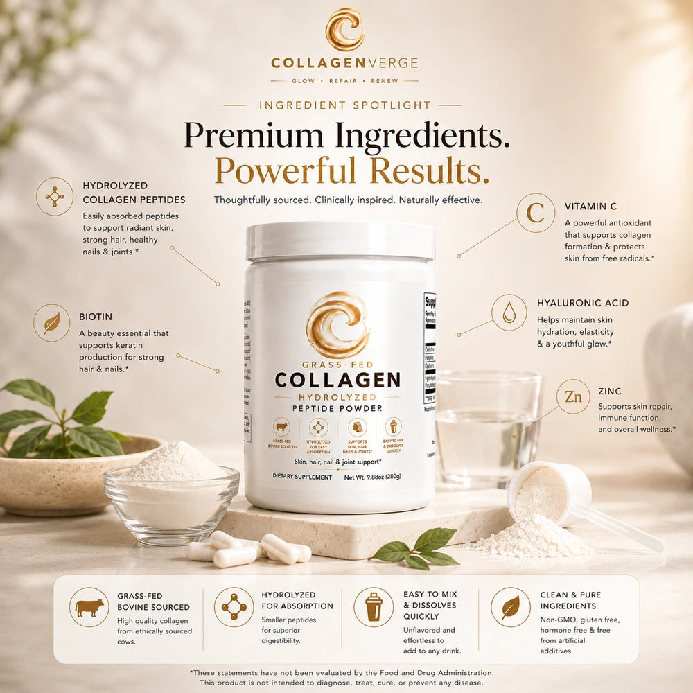 CollagenVerge Grass-Fed Hydrolyzed Collagen Peptides Powder – Unflavored Types 1 & 3 Collagen Supplement – Supports Skin Hair Nails Joints & Bones – 280g