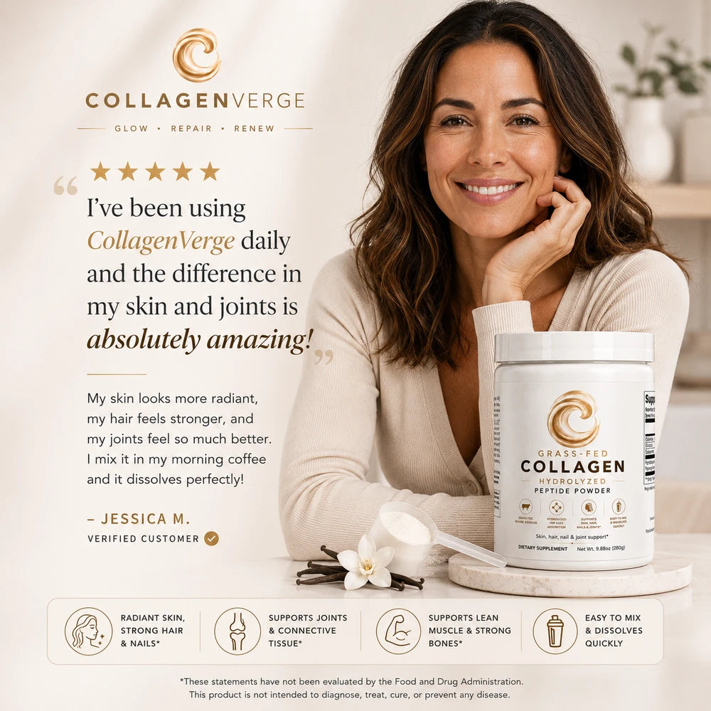 CollagenVerge Grass-Fed Hydrolyzed Collagen Peptides Powder – Unflavored Types 1 & 3 Collagen Supplement – Supports Skin Hair Nails Joints & Bones – 280g