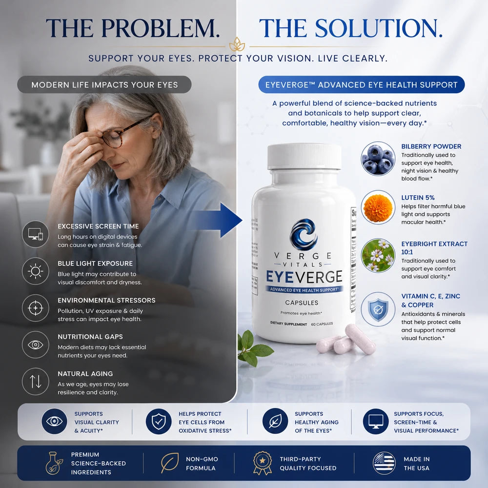 EyeVerge Vision & Eye Health Supplement | Eye Wellness, Visual Clarity & Antioxidant Support | Bilberry, Lutein, Eyebright & Vitamins | Verge Vitals