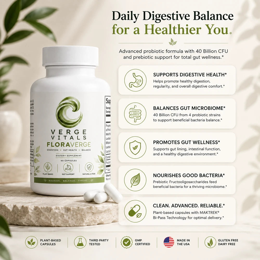 FloraVerge 40 Billion Probiotic with Prebiotics — Gut Health, Digestive Balance & Microbiome Support | 4 Probiotic Strains + MAKTREK Technology