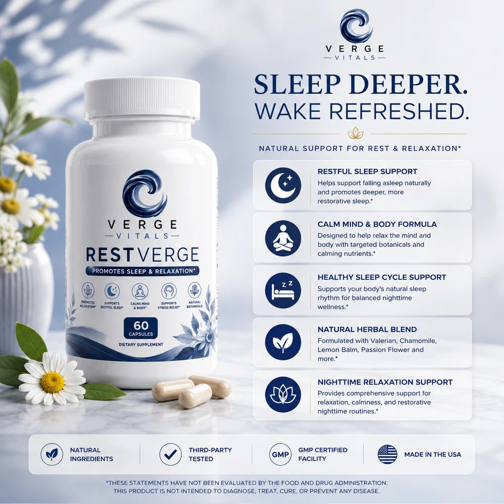 RestVerge Sleep and Relaxation Formula — Restful Sleep, Calm Mind & Natural Relaxation Support | Melatonin, Valerian, GABA & Herbal Sleep Blend | 60 Capsules