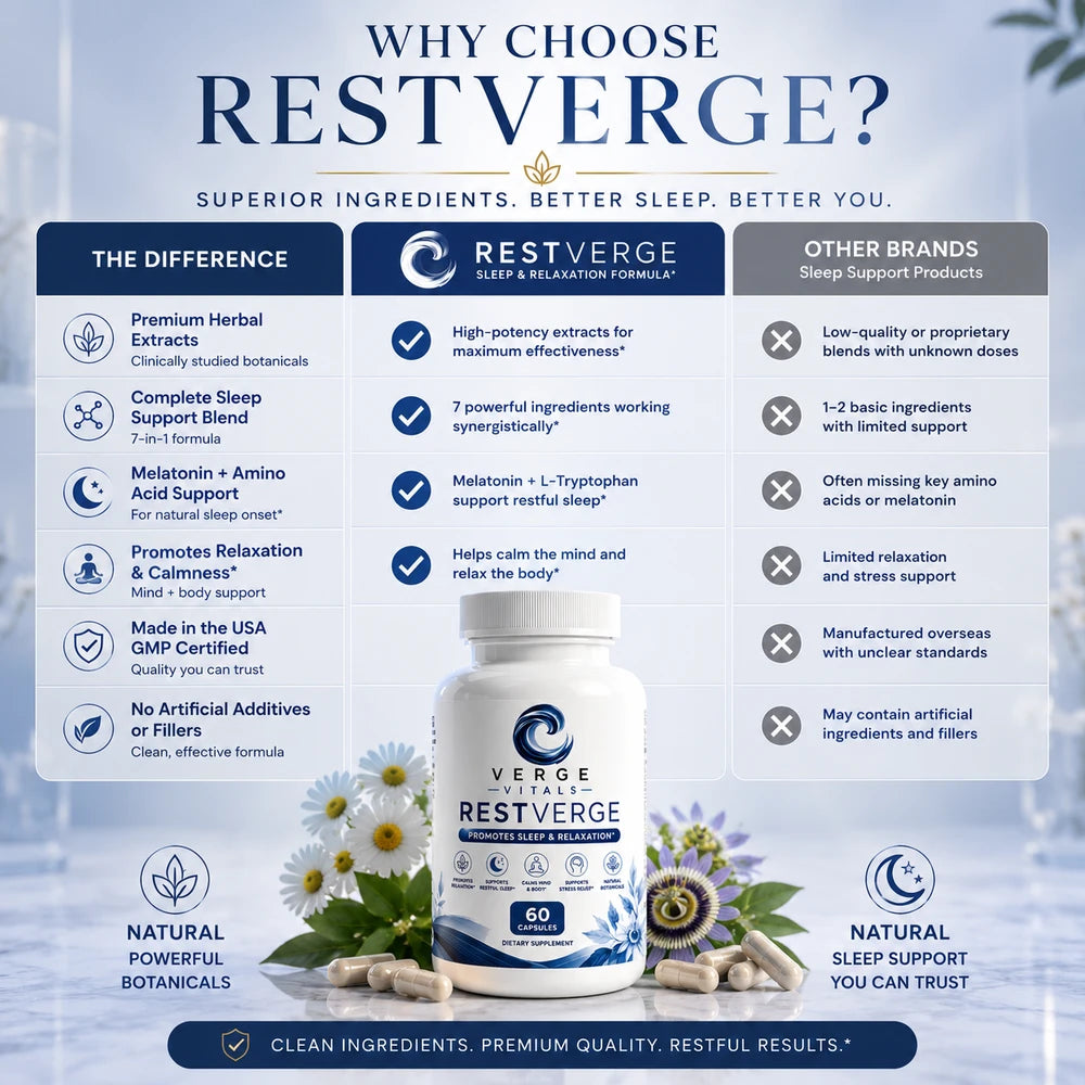 RestVerge Sleep and Relaxation Formula — Restful Sleep, Calm Mind & Natural Relaxation Support | Melatonin, Valerian, GABA & Herbal Sleep Blend | 60 Capsules