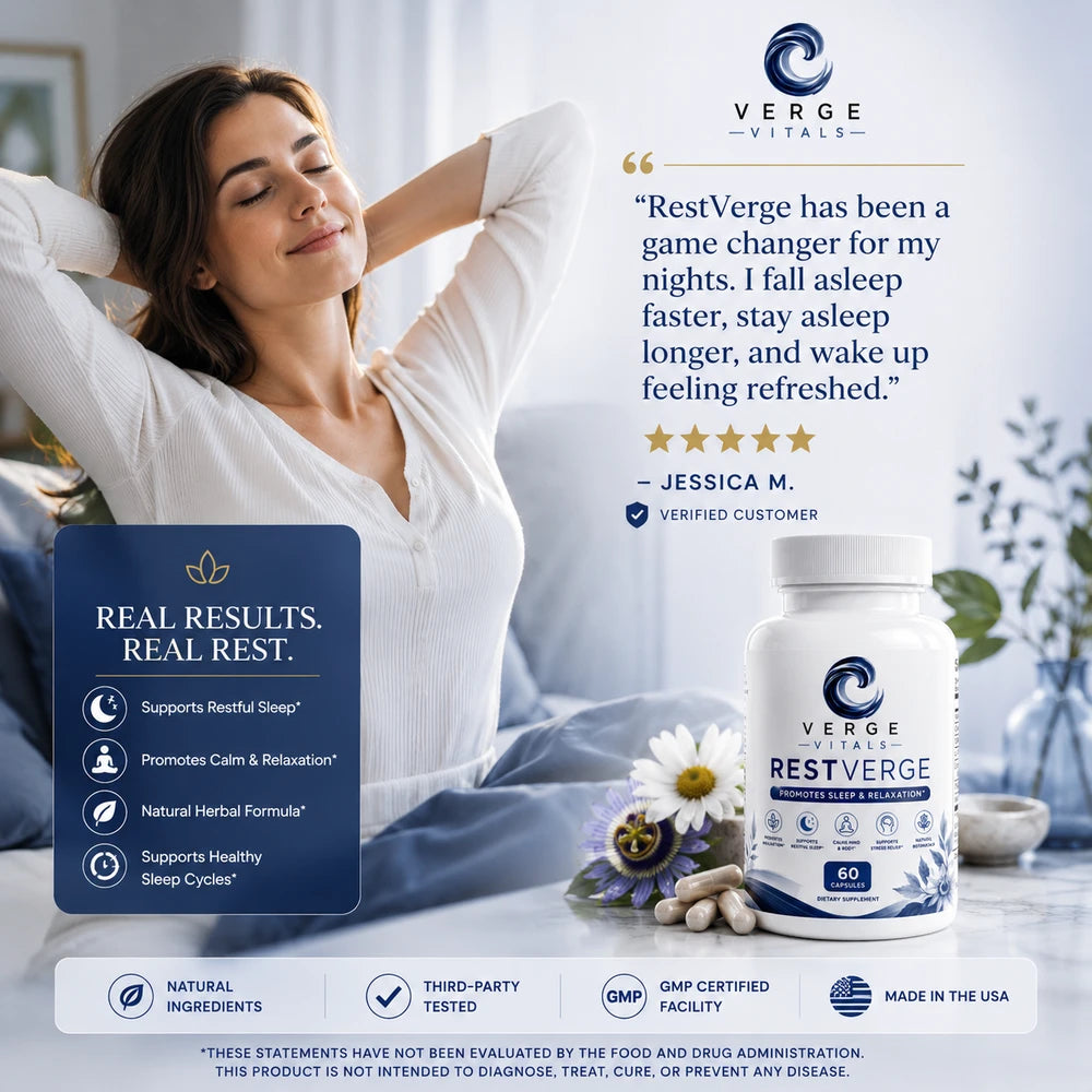 RestVerge Sleep and Relaxation Formula — Restful Sleep, Calm Mind & Natural Relaxation Support | Melatonin, Valerian, GABA & Herbal Sleep Blend | 60 Capsules