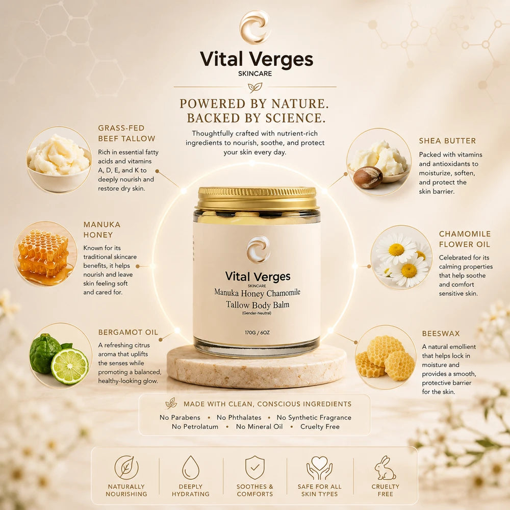 Manuka Honey and Chamomile Tallow Body Balm | Deep Moisture Skin Nourishing Balm | 6 oz