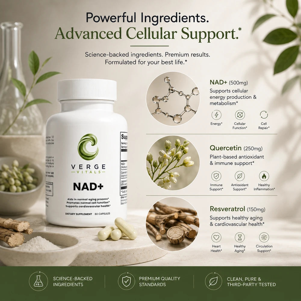 NAD+ 500mg Supplement | NAD+ with Quercetin & Resveratrol | Cellular Energy & Healthy Aging Support | 60 Capsules