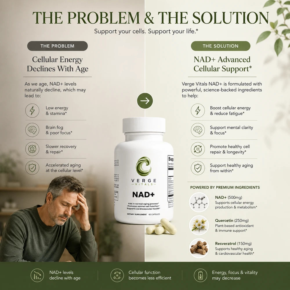 NAD+ 500mg Supplement | NAD+ with Quercetin & Resveratrol | Cellular Energy & Healthy Aging Support | 60 Capsules