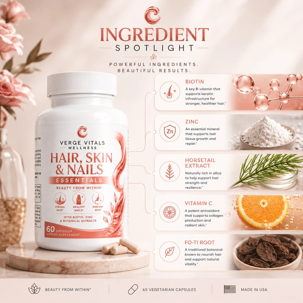 Hair Skin & Nails Essentials Capsules – Biotin, Collagen Support Vitamins & Botanical Beauty Formula for Healthy Hair, Glowing Skin & Strong Nails – 60 Capsules