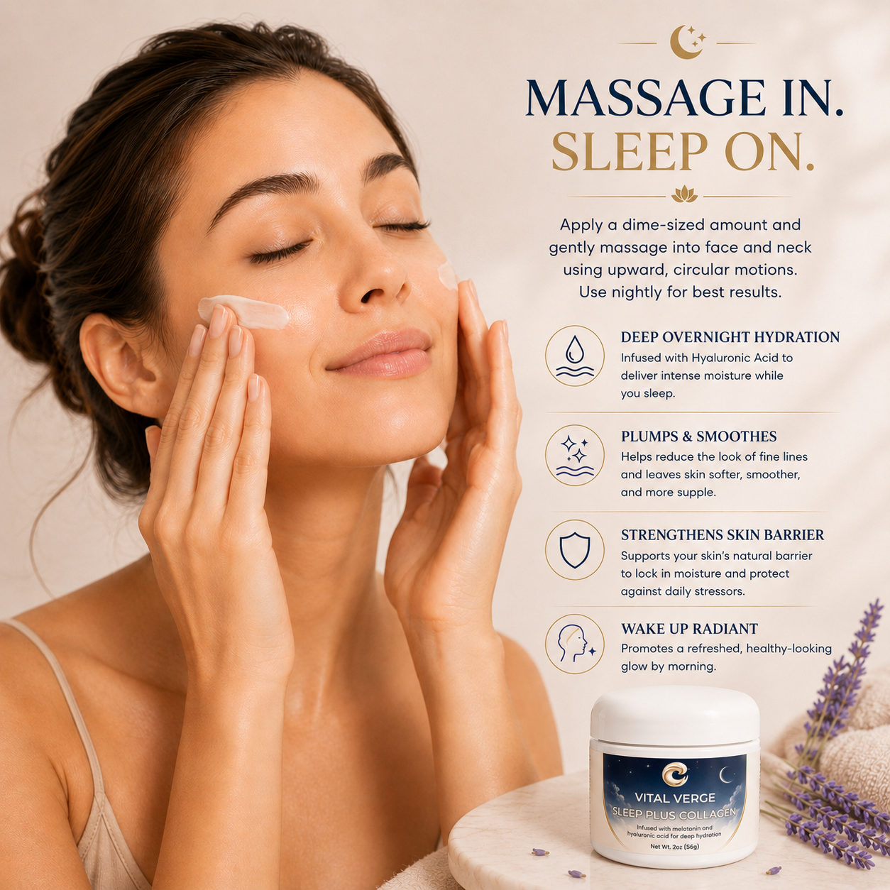 Sleep Plus Collagen Skincare Cream – Nighttime Hydrating Cream with Collagen, Hyaluronic Acid, Aloe Vera & Lavender Oil – Overnight Moisturizing Face & Neck Cream – 2 oz