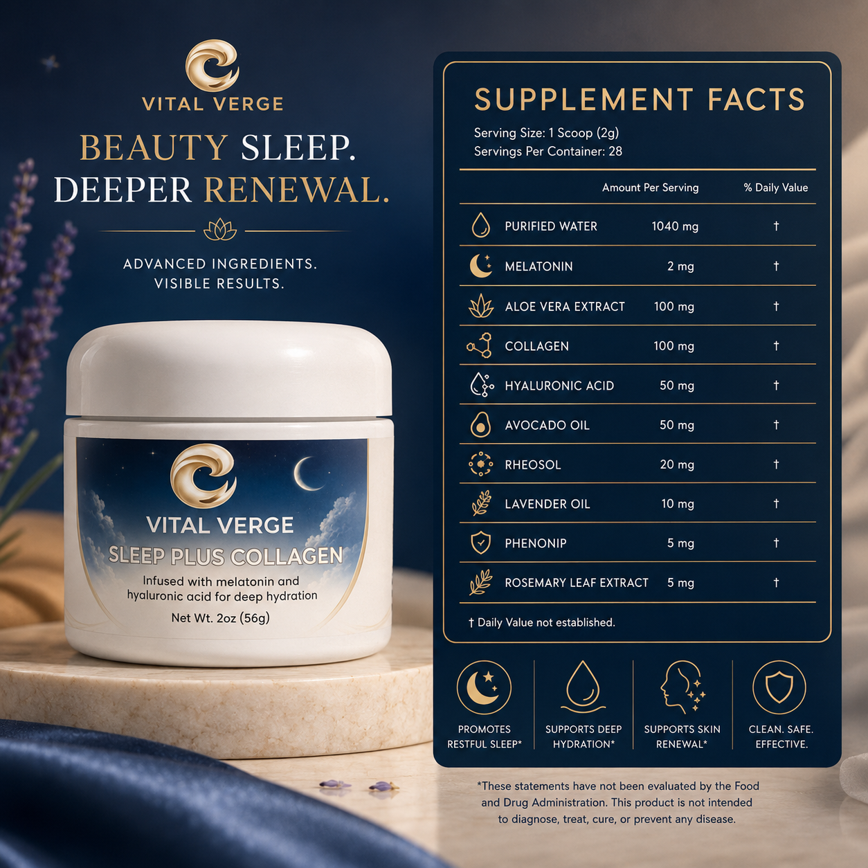 Sleep Plus Collagen Skincare Cream – Nighttime Hydrating Cream with Collagen, Hyaluronic Acid, Aloe Vera & Lavender Oil – Overnight Moisturizing Face & Neck Cream – 2 oz