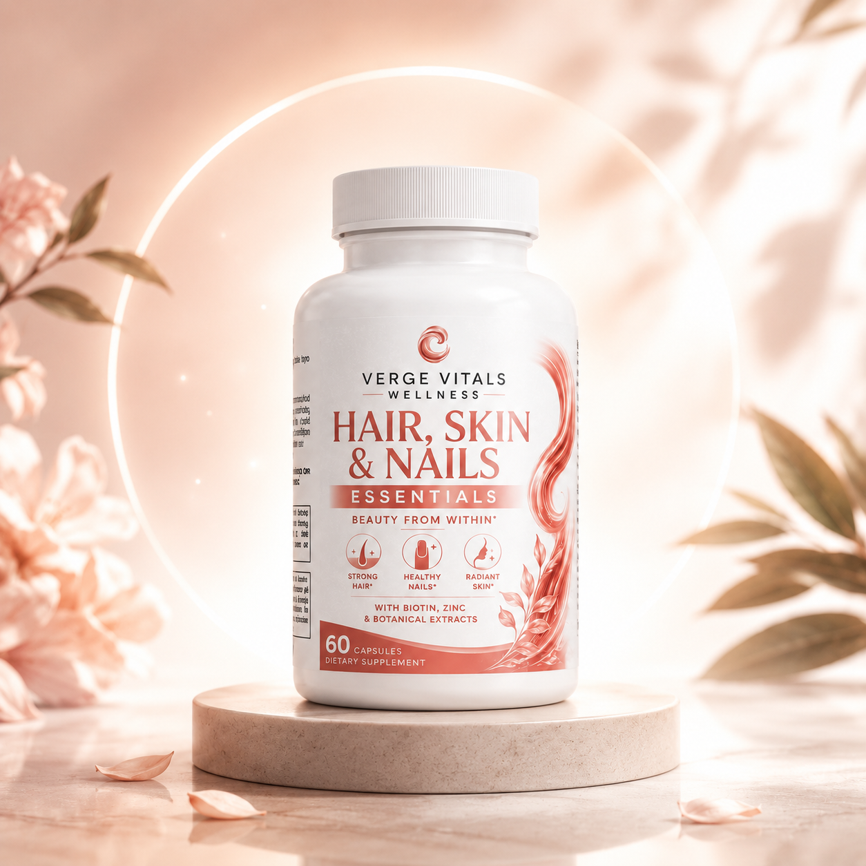 Verge Vitals Hair Skin & Nails Essentials Capsules – Biotin, Collagen Support Vitamins & Botanical Beauty Formula for Healthy Hair, Glowing Skin & Strong Nails – 60 Capsules