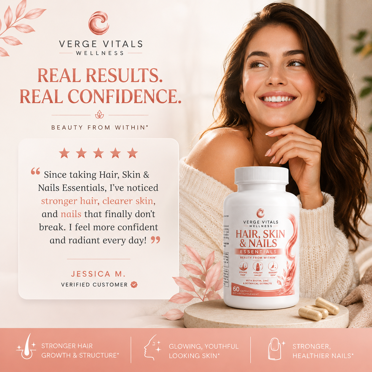 Verge Vitals Hair Skin & Nails Essentials Capsules – Biotin, Collagen Support Vitamins & Botanical Beauty Formula for Healthy Hair, Glowing Skin & Strong Nails – 60 Capsules