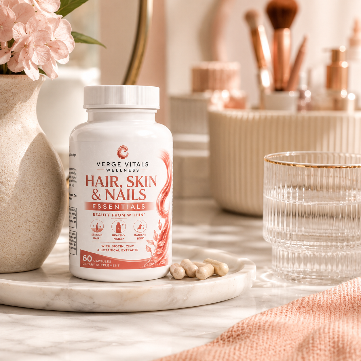 Verge Vitals Hair Skin & Nails Essentials Capsules – Biotin, Collagen Support Vitamins & Botanical Beauty Formula for Healthy Hair, Glowing Skin & Strong Nails – 60 Capsules