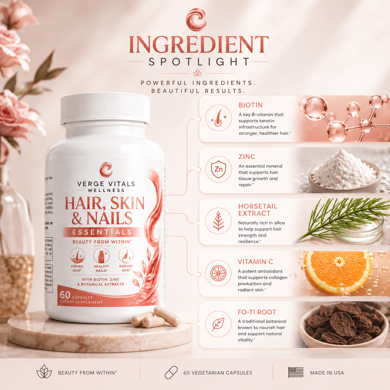Verge Vitals Hair Skin & Nails Essentials Capsules – Biotin, Collagen Support Vitamins & Botanical Beauty Formula for Healthy Hair, Glowing Skin & Strong Nails – 60 Capsules