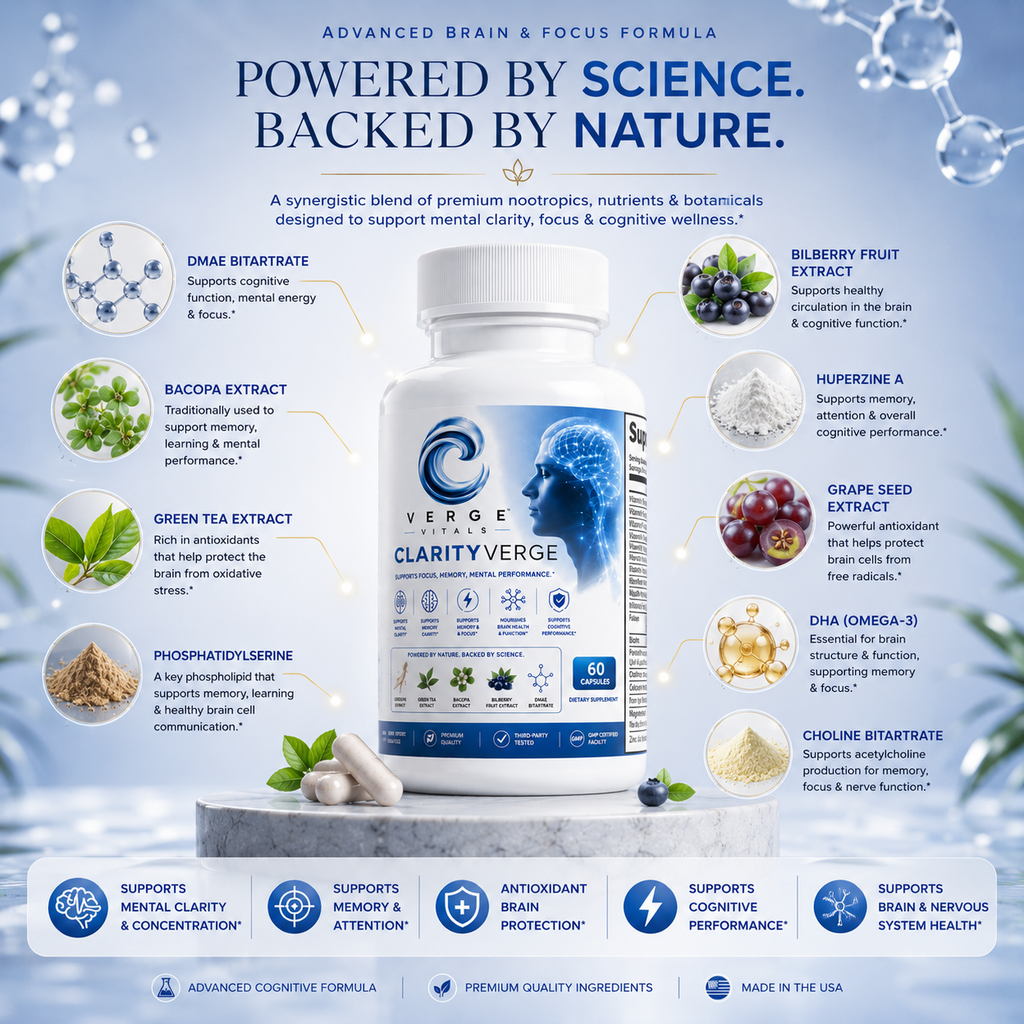 ClarityVerge  Brain & Focus Formula — Mental Clarity, Focus, Memory & Cognitive Support | Nootropic Brain Wellness Supplement | Vitamins, Botanicals & Amino Acids | 60 Capsules