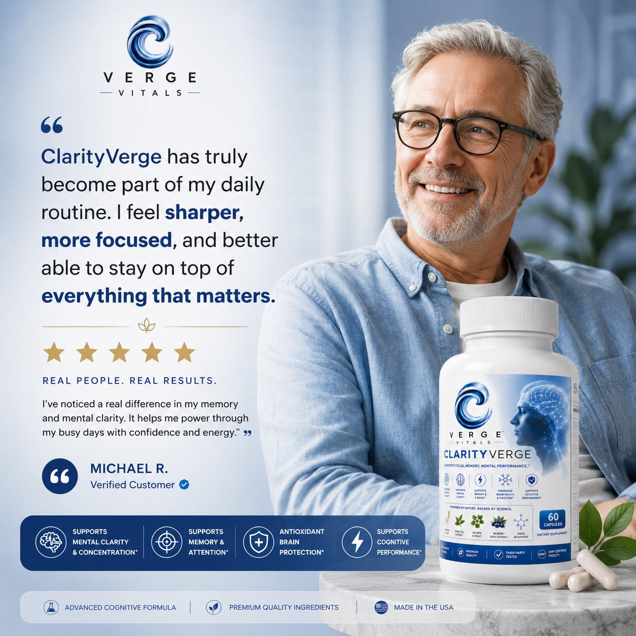 ClarityVerge  Brain & Focus Formula — Mental Clarity, Focus, Memory & Cognitive Support | Nootropic Brain Wellness Supplement | Vitamins, Botanicals & Amino Acids | 60 Capsules
