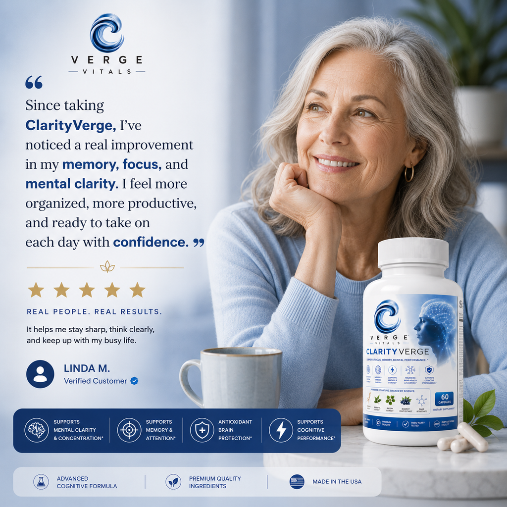 ClarityVerge  Brain & Focus Formula — Mental Clarity, Focus, Memory & Cognitive Support | Nootropic Brain Wellness Supplement | Vitamins, Botanicals & Amino Acids | 60 Capsules