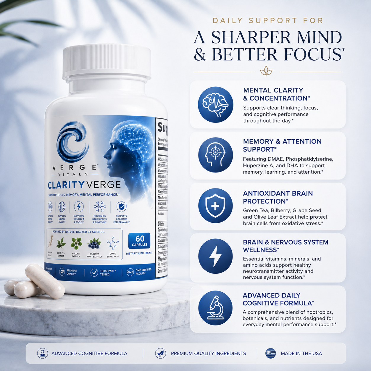 ClarityVerge  Brain & Focus Formula — Mental Clarity, Focus, Memory & Cognitive Support | Nootropic Brain Wellness Supplement | Vitamins, Botanicals & Amino Acids | 60 Capsules